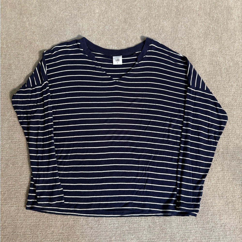 Cabi Ahoy Tee Navy & White Striped V Neck Long Sleeve Casual Nautical Top - S - Picture 4 of 6